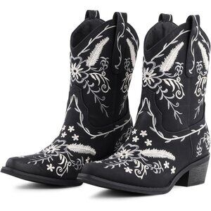 Women's Black Cowboy Exquisitely Embroidered Western-Style Mid-Heel Boots